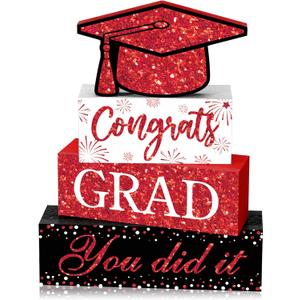 Cinnvoice 4 Pcs Graduation Table Decor 2026 Congrats Grad Centerpiece Class of 2026 Wood Sign Graduation Tiered Tray Decor Farmhouse Congratulate Gifts for Home Shelf Party Decorations(Red Black)