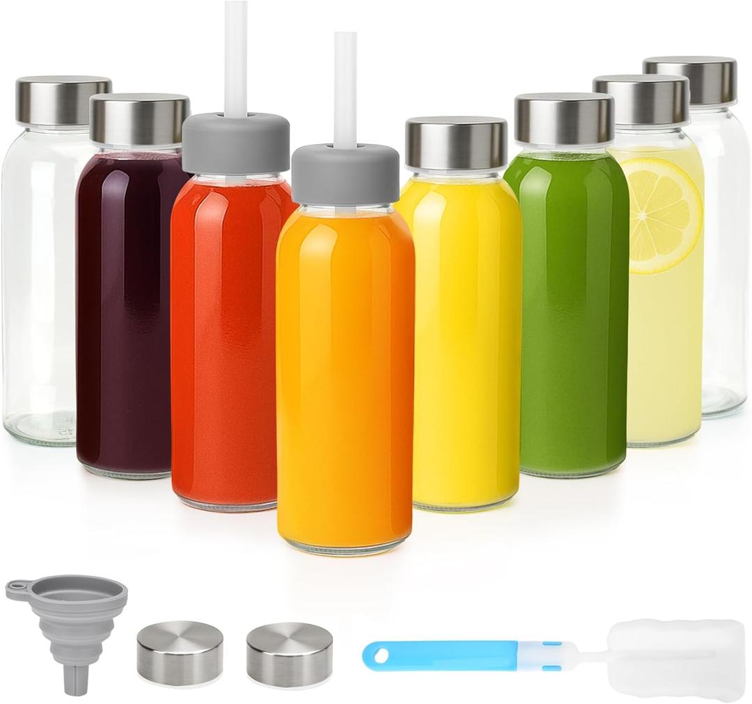 Zukro 10.5oz Glass Juice & Water Bottles with Stainless Steel Lids 8 Pack | Leak Proof Reusable Small Clear Drinking Bottle With Straw for Juicing, Smoothie, Dishwasher & Fridge Safe, BPA Free