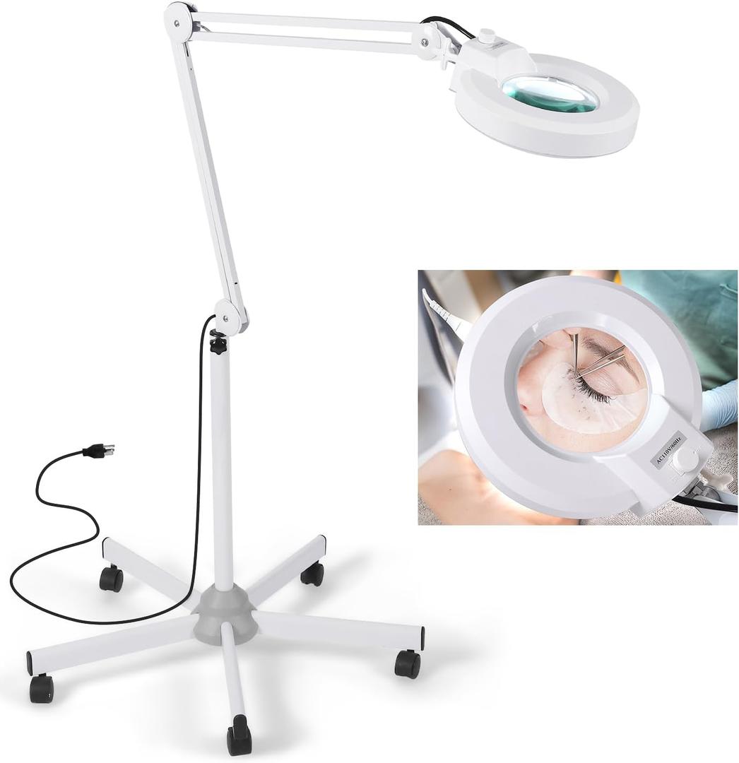 10X Magnifying Floor Lamp with 5 Wheels Rolling Base for Estheticians - 2,200 Lumens LED Dimmable Light with Magnifying Glass, Lighted Magnifier for Reading, Crafts, Sewing, Close Work, Estheticians