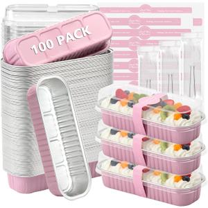 Ruckae 100 Pack Mini Loaf Cake Pan with Lids and Spoons Disposable Aluminum Tin Foil Pans Rectangle Mini Loaf Pans with Lids for Baking,Party,Picnics,Holidays (Pink)