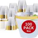 Hioasis 100PCS Gold Plastic Cups,9Oz Gold Rimmed Plastic Cups,Clear Plastic Cup with Gold Trim,Heavy Duty Clear Disposable Plasitc Cup for Party,Wedding,Reception