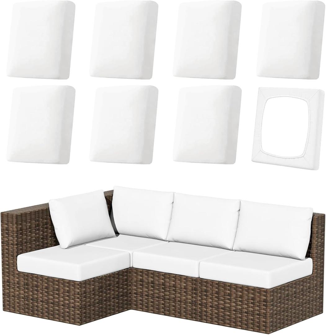 SK Studio 8Pcs Outdoor Cushion Covers Waterproof, Stretch Cushion Covers Replacement for Patio, Sofa Couch Furniture Protector Slipcovers Set, White