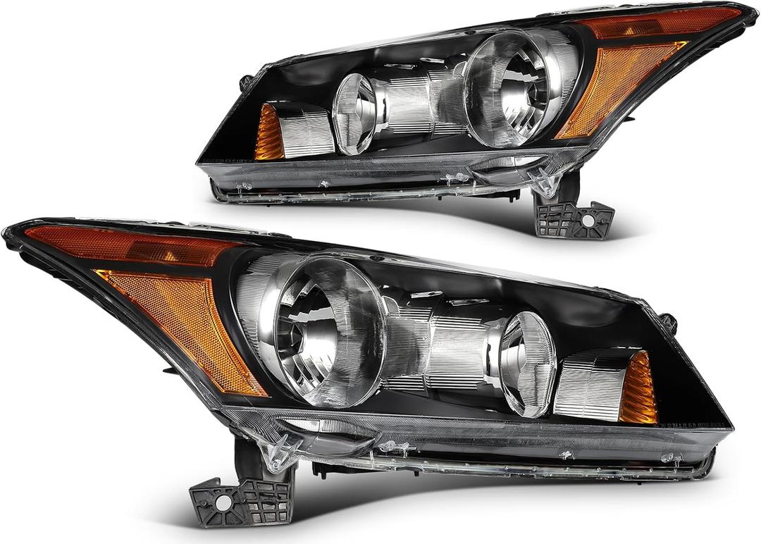 cciyu Headlight Assembly Replacement For Honda For Accord 2008-2012 Black Housing Amber Reflector Clear Lens Driver & Passenger Side 33100-TA0-A01 33150-TA0-A01