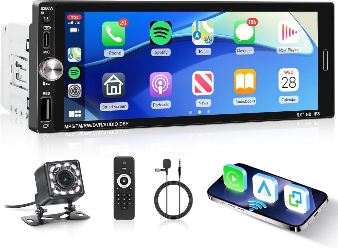 Single Din Car Stereo with Wireless CarPlay Android Auto Mirror Link, Driauto Car Radio Bluetooth Handsfree Headunit 6.9 Inch 1 Din IPS Touch Screen FM Type-C USB Charging EQ SWC with Reverse Camera