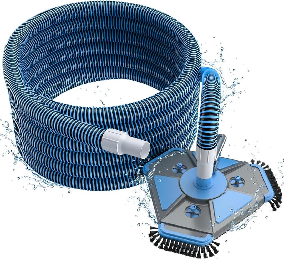 UIRWAY Upgrade Pool Vacuum Head with Side Brush & 360° Swivel Cuff, Heavy Duty Manual Kink-Resistant 1-1/2" x 40 Ft Vacuum Hoses, Weighted Triangular Shape for Inground & Above Ground Pool(No Pole)