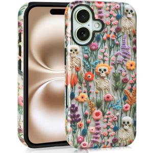 Halloween Cases for iPhone 17, Cute Kawaii Aesthetic Trendy Skeleton Floral Phone Cover Protective Shockproof Phone Case Skull