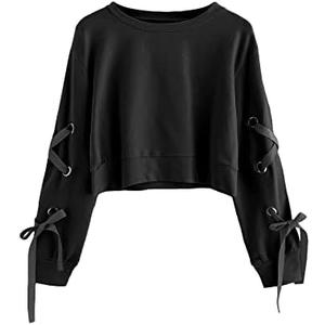 SweatyRocks Women's Casual Lace Up Long Sleeve Pullover Crop Top Sweatshirt XL