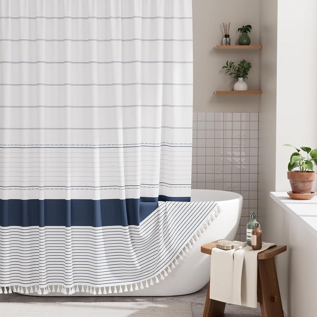 AmazerBath Boho Shower Curtain Set, Rustic Faux Linen Navy Blue Striped Shower Curtain with Hooks, Modern Farmhouse Shower Curtain with Tassels, White Base Toned, 72x72 Inches