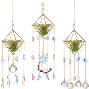 Yookeer 3 Pcs Hanging Air Plant Holder Rustic Style Air Plant Rack Hanger with Crystal Pendant and Chain Golden Geometric Metal Wall Window Display for Home Festival Wedding Decor, 3 Styles