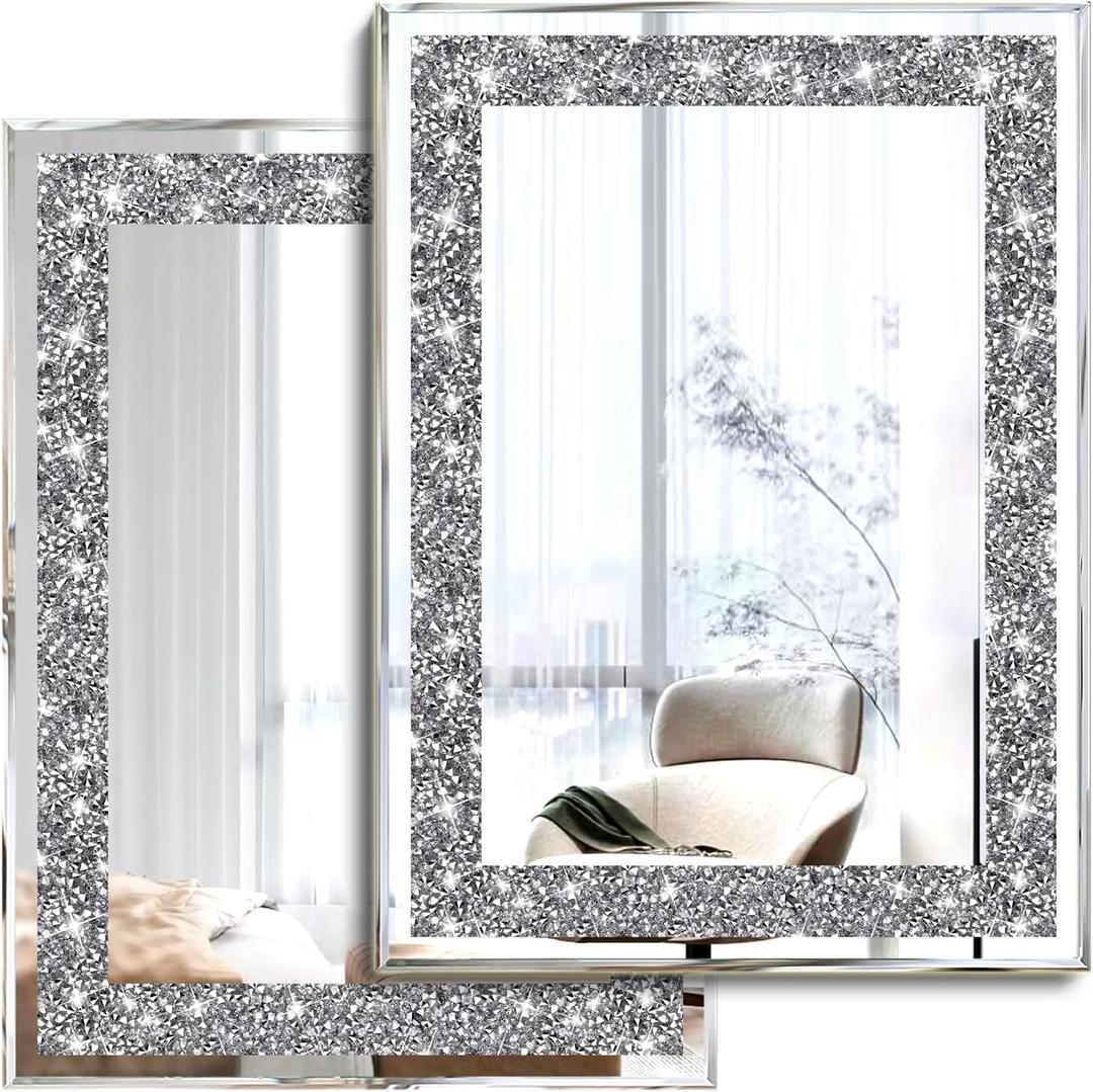 2 Piece Wall Mirrors, Crush Diamond Wall Dcor Silver Decorative Mirrors for Living Room , Bedroom, Bathroom. (11x15) (11x15 inch, Rectangular)