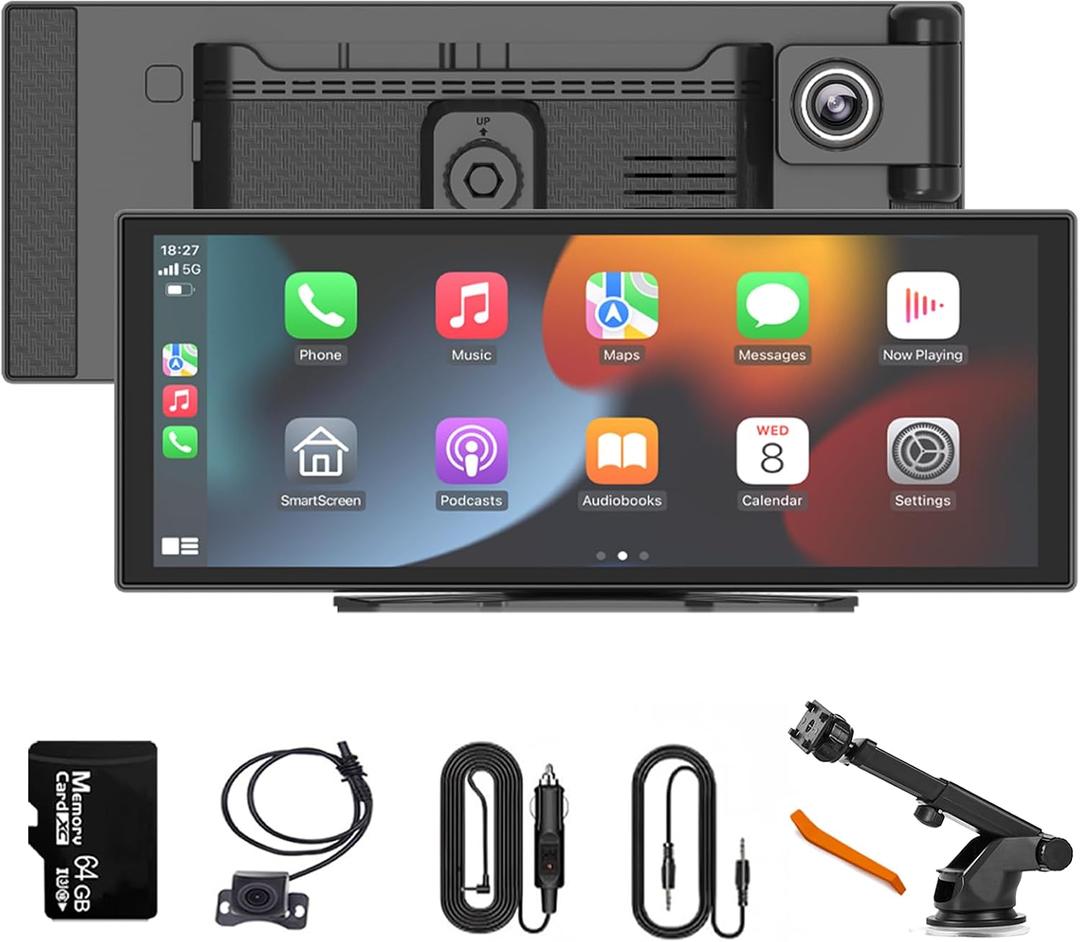 11 Inch Wireless Apple CarPlay & Android Auto Screen for Car,with 4K Dash Cam,Ultra-Light Touchscreen, IP68 1080P Backup Camera, GPS Navigation, Voice Control, Mirror Link (Dark Gray, 64, GB)