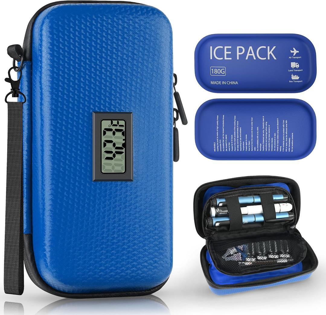 Insulin Cooler Travel Case TSA Approved, Portable Diabetic Medicine Cooling Bag with Digital Thermometer & 2 Ice Packs, Refrigerated Medication Organizer (Blue), 8.3 x 4.7 x 3.2 inches