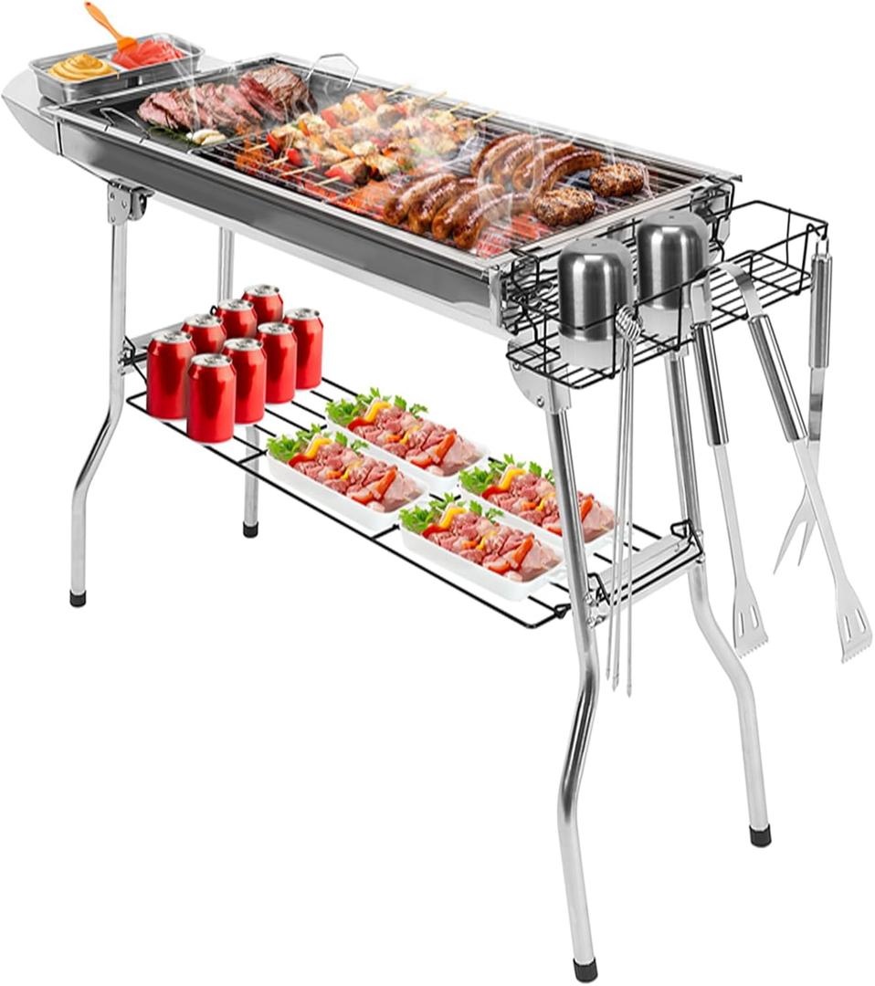 KOCASO Foldable Barbecue Charcoal BBQ Grill, Folding BBQ Grill, Portable Stainless Steel Barbeque Grill For Picnic Camping Backyard Cooking, Foldable Grill Table with Non-Stick Frying Pan, Silver