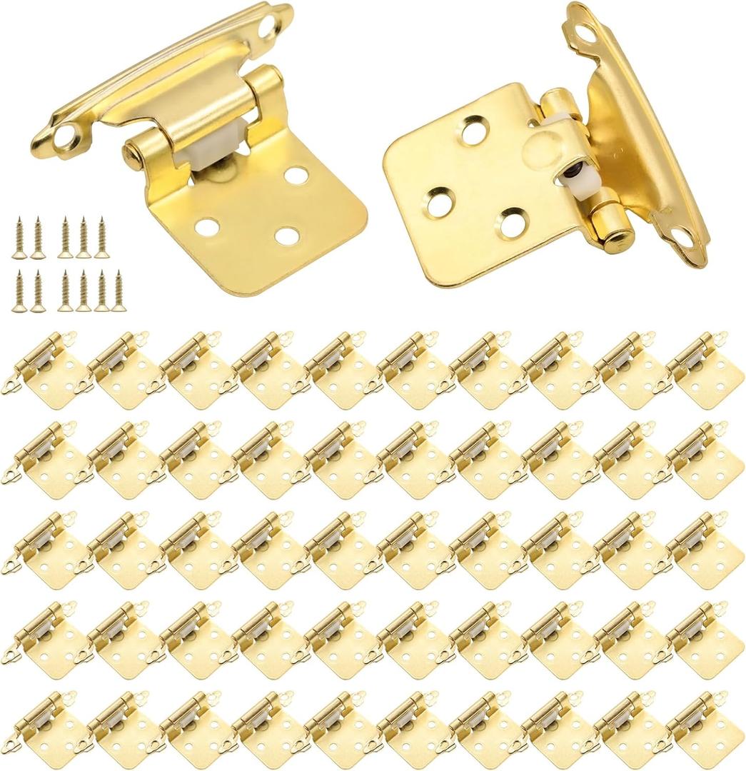 50 Pack(25 Pairs) Gold Cabinet Hinges - 1/2" Overlay, Self Closing Flush Mount with Screws
