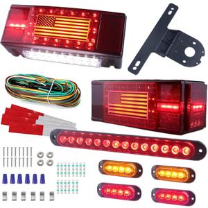 Submersible LED Trailer Light Kit Rectangle American Flag Designed 3rd Brake Lights Aluminum Alloy Base Stop Turn Tail Lights for 12V Trailer Boat Trucks Snowmobile
