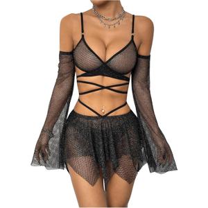 OYOANGLE Women's 2 Piece Mesh Sheer Criss Cross Crop Top and Asymmetrical Mini Skirt Party Rave Outfits, Small