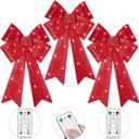 WILLBOND 3 Pcs Pre Lit Christmas Bow Decoration 24x12 Inches LED Light Large Red Bow Tree with Timer Function Lighted Christmas Tree Decor 8 Function