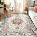 RELEANY Area Rugs 5'x7' Washable Non-Slip, Floral Vintage Distress Print Pattern Medallion Carpet for Living Room Bedroom Dining Room, Beige Navy Blue Orange Colorful