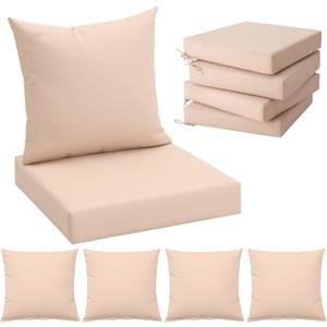 HOMREST Outdoor Chair Cushions Set of 4, 24x24 Inch Waterproof Patio Furniture Cushions with Removable Covers & Ties, Reversible Seat Cushions and Back Cushions,Khaki