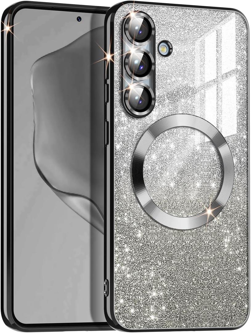 Casetego for Galaxy S25 5G Case,Compatible with MagSafe,Clear Magnetic Glitter Gradient Sparkle Luxury Plated Soft TPU Bumper Full Camera Lens Protector for Samsung Galaxy S25 5G,Black