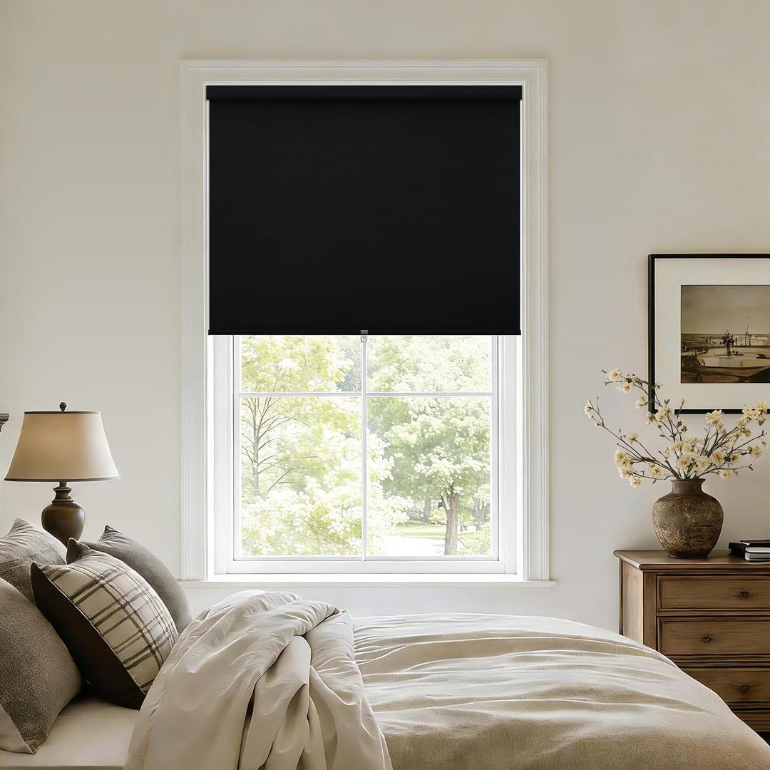 100% Blackout Roller Shades Cordless Blinds for Windows Free-Stop Spring System Thermal Insulated Black Out Linen Roller Shades Blinds for Bedroom Living Dining Room Home Office Black 30" W x 72" H
