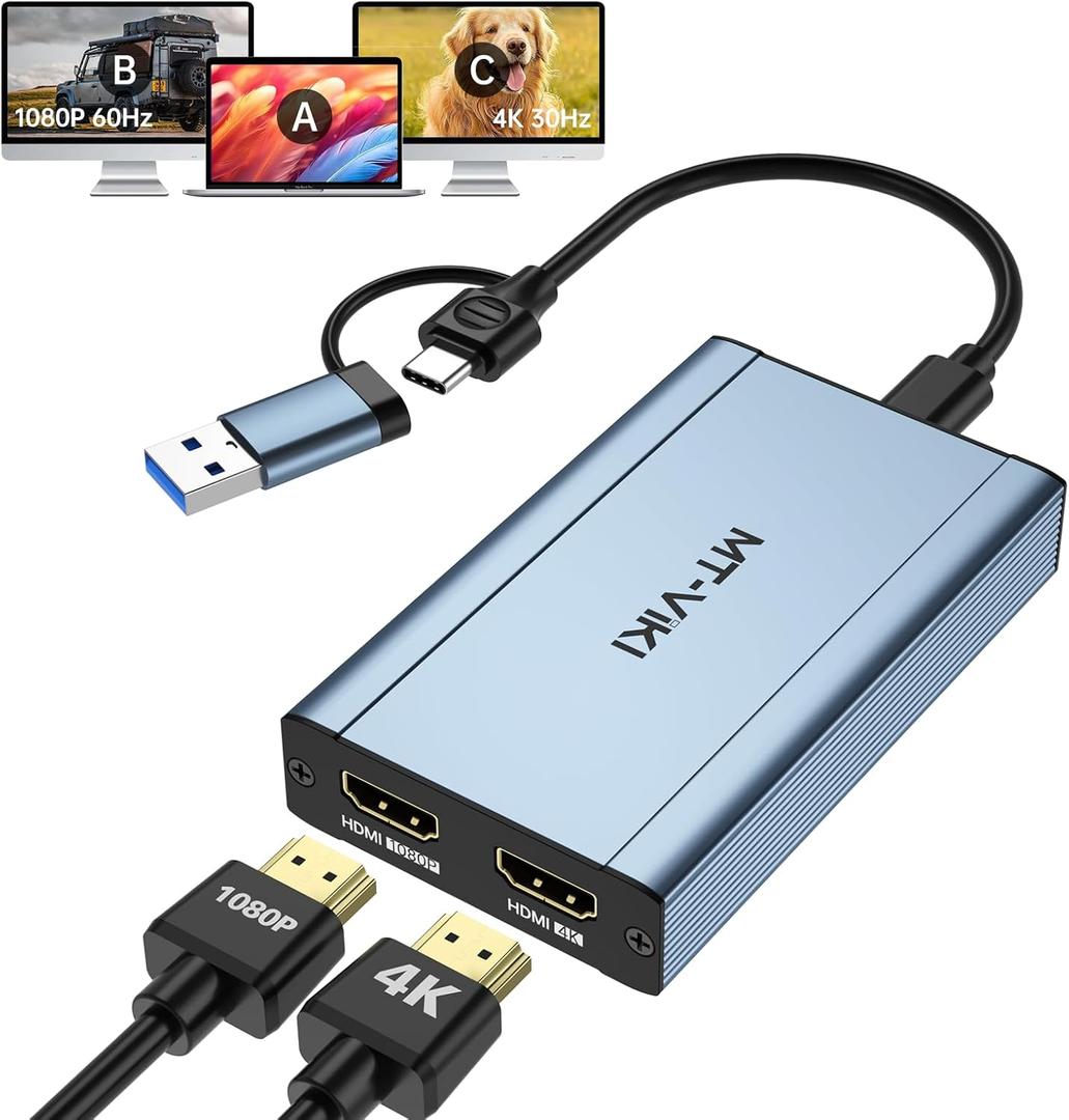 MT-VIKI HDMI Splitter Extended Display for Dual Monitors/Multi-Monitor, 4K@30Hz & 1080P@60Hz, USB 3.0 & USB C Adapter to HDMI for Windows & Mac, Required Driver Installation