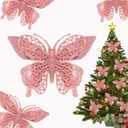 15 PCS Glitter Christmas Tree Butterfly Ornaments, Hollow Butterfly Christmas Decorations with Clips, Artificial Butterfly Ornaments Decoration for Christmas Tree, DIY Xmas Wreath Decor - Pink