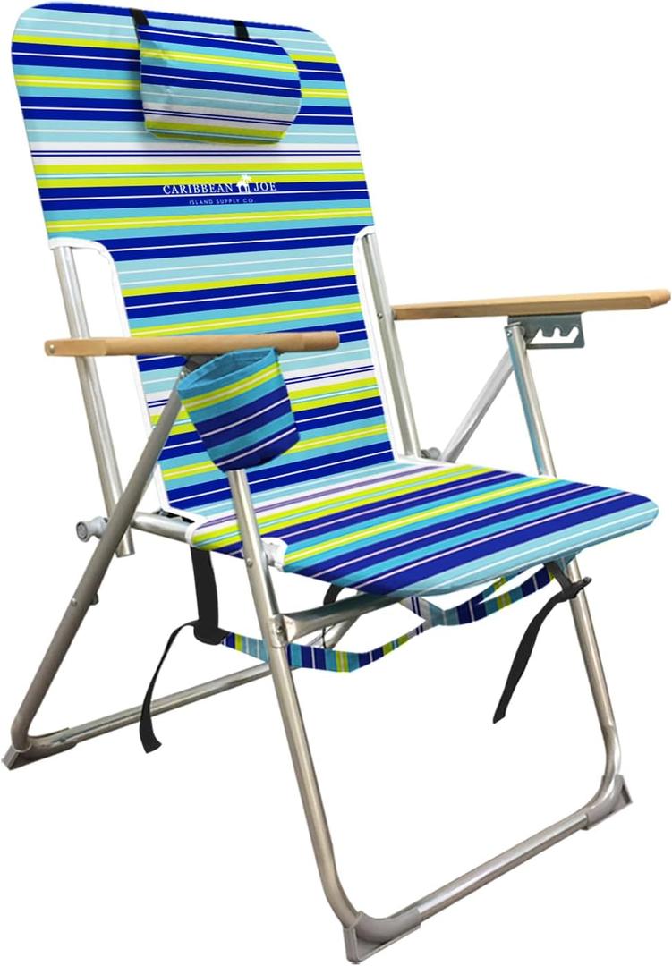 CARIBBEAN JOE Folding Beach Chair, 4 Position Portable Backpack Foldable Camping Chair with Headrest, Cup Holder, and Wooden Armrests