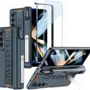 Case for Samsung Galaxy Z Fold 4 Magnetic Hinge Protective with Wristband and S Pen Slot, Luxury PC Shockproof Non-Slip Hand Strap Cover with Screen Protector for Samsung Z Fold 4 (Without Pen),Green