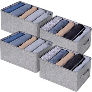 Fixwal 4pcs Wardrobe Clothes Organizer Foldable Jean Organizer for Drawer Washable Compartment Closet Organizers and Storage Bins for Clothes Jeans Pants Sweaters 5 Grids Gray