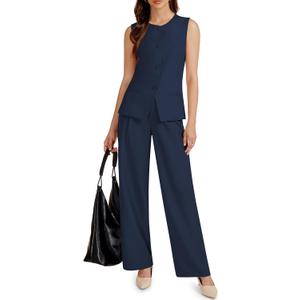Casly Lamiit Women's 2 Piece Blazer Outfits Sleeveless Crewneck Vest Wide Leg Pantsuit 2025 Dressy Casual Work Sets (XX-Large, Navy Blue)
