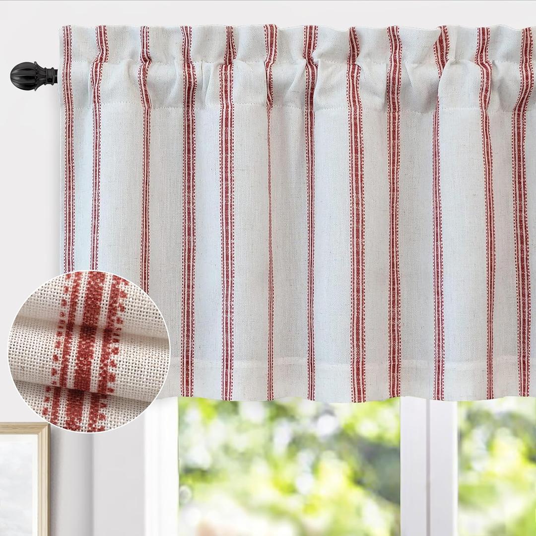 DriftAway Farmhouse Linen Lined Valance Double Layer Thermal Insulated Room Darkening Blackout Window Valances 3 Inch Rod Pocket Vertical Striped Kitchen Valance for Bathroom Single 52 x 24 Inch Red
