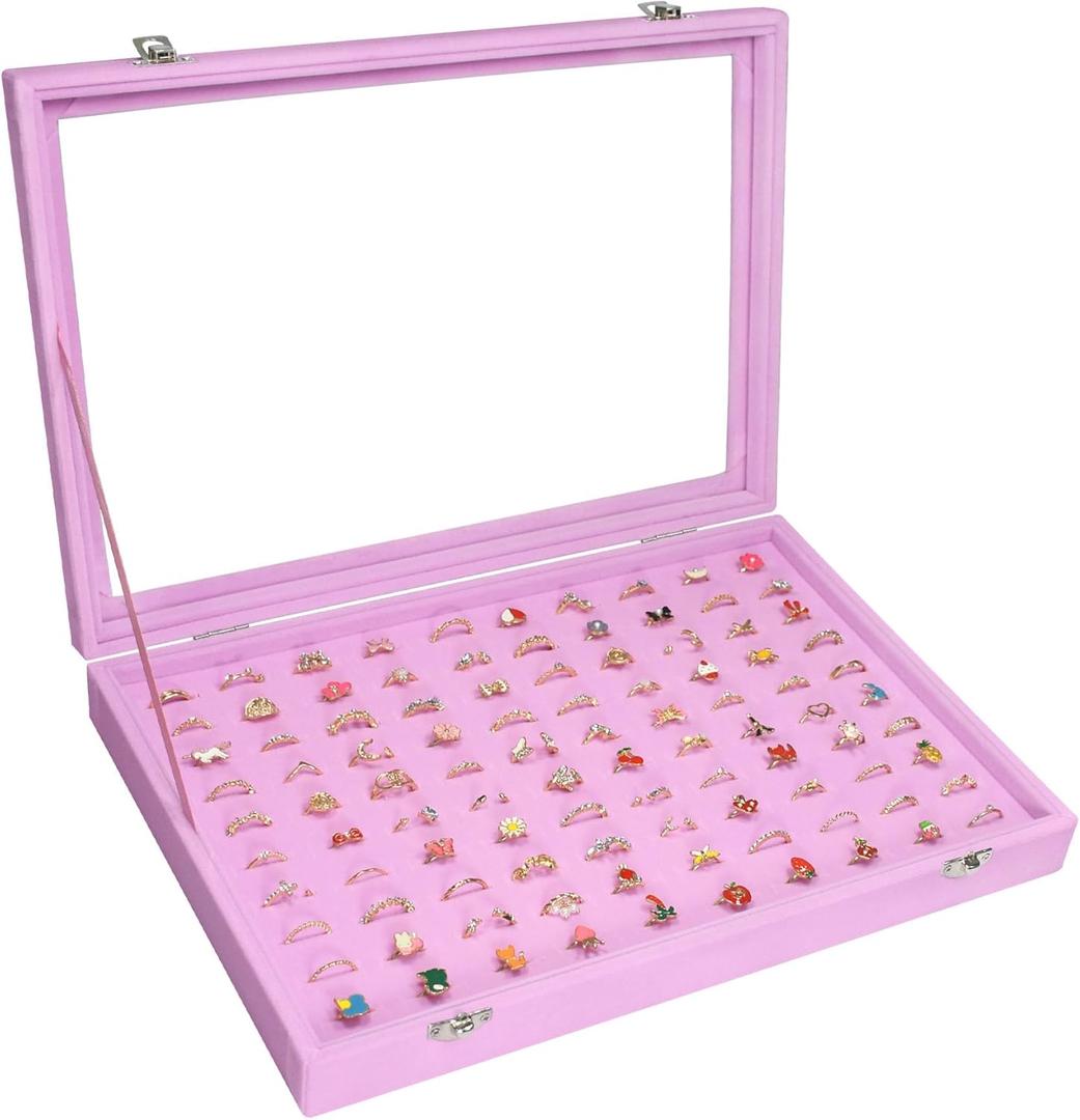 Rings Organizer Tray 100 Slot Velvet Rings Earring Storage Box TranSparent Cover Jewelry Store Ring Display Box Jewelry Display Cabinet for Girl Wife Mother. (Pink)
