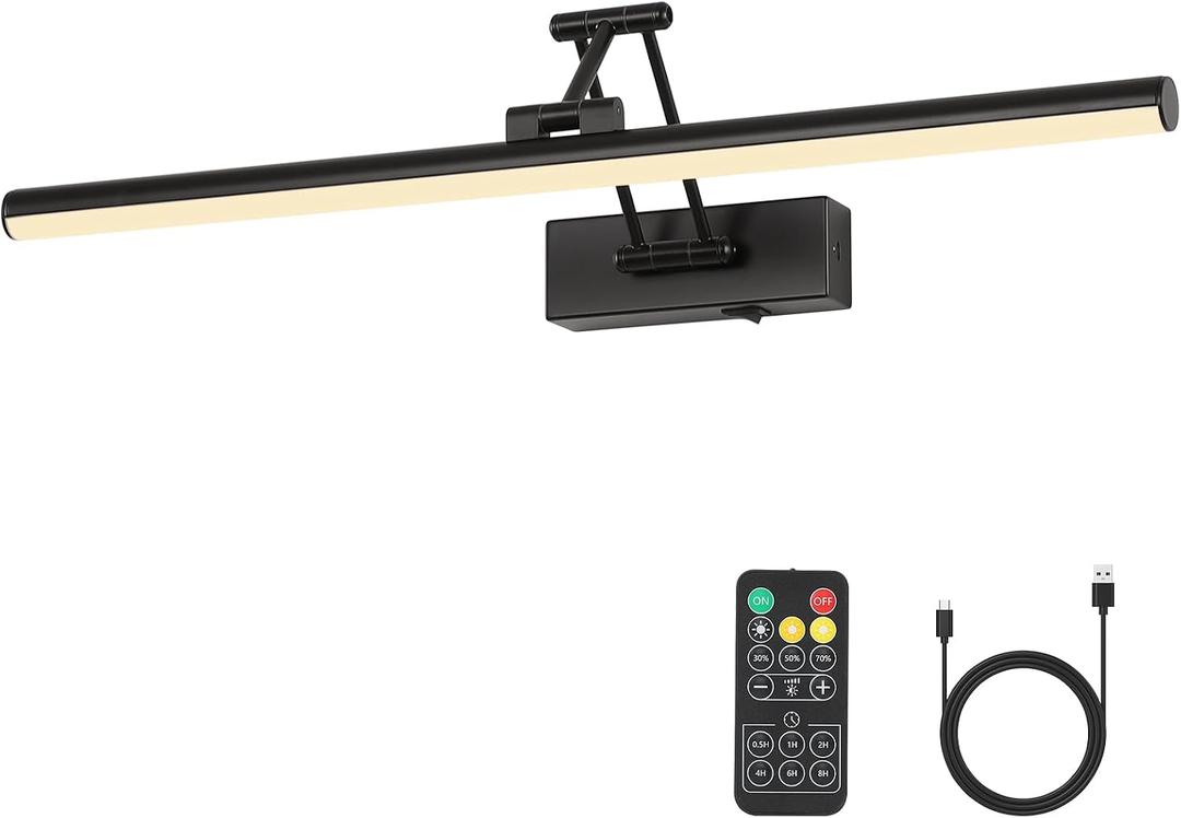 Joossnwell Battery Operated Picture Lights with Remote Wireless Art Lighting for Wall 23.62 Inch Rechargeable Painting Light Black Frame Light Dimmable 3CCT Gallery Light for Library Portrait
