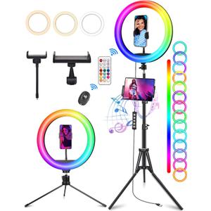 STALLY 13.3" Ring Light with Stand, Music Mode, 75" Tall with 3 Phone Holder, 3 CCT Modes & 48 RGB Color Modes, Ring Light Tripod for iPhone with Wireless Remote, Great for Photograph/Makeup/TikTok