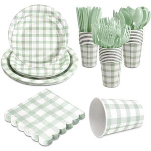 168Pcs Gingham Party Supplies for 24 Guests Thick Paper Plates and Napkins Knives Spoons Forks Cups Disposable Party Set Cutlery for Dinner Baby Shower Wedding Favor(Sage Green)