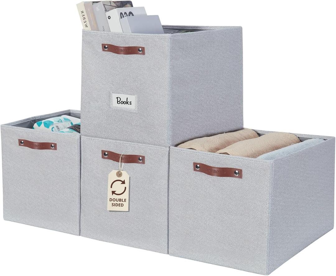 DECOMOMO Storage Baskets, 13x15x13 Storage Cube Bins with Labels for Organizing Shelves (Kallax / 4pcs, Light Texture Grey)