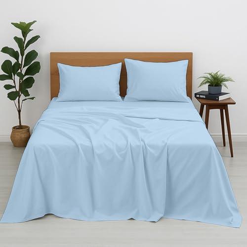 Cottington Lane Premium Quality 100% Egyptian Cotton 4 Piece Olympic Queen Size Bed Sheet Set Fits 12 inch Deep Pocket Mattress, Naturally Cool, Soft & Durable Luxury Bedding, Light Blue Solid