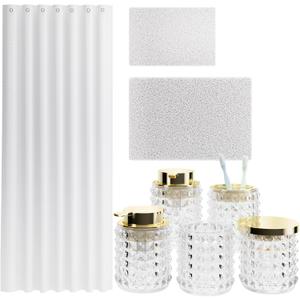 XLHOMO Bathroom Sets with Shower Curtain and Rugs and Accessories, Glass Bathroom Accessories Set Clear Bathroom Set Bathroom Sets, White Bath Mat and Diamond Soap Dispenser for Bathroom Decor