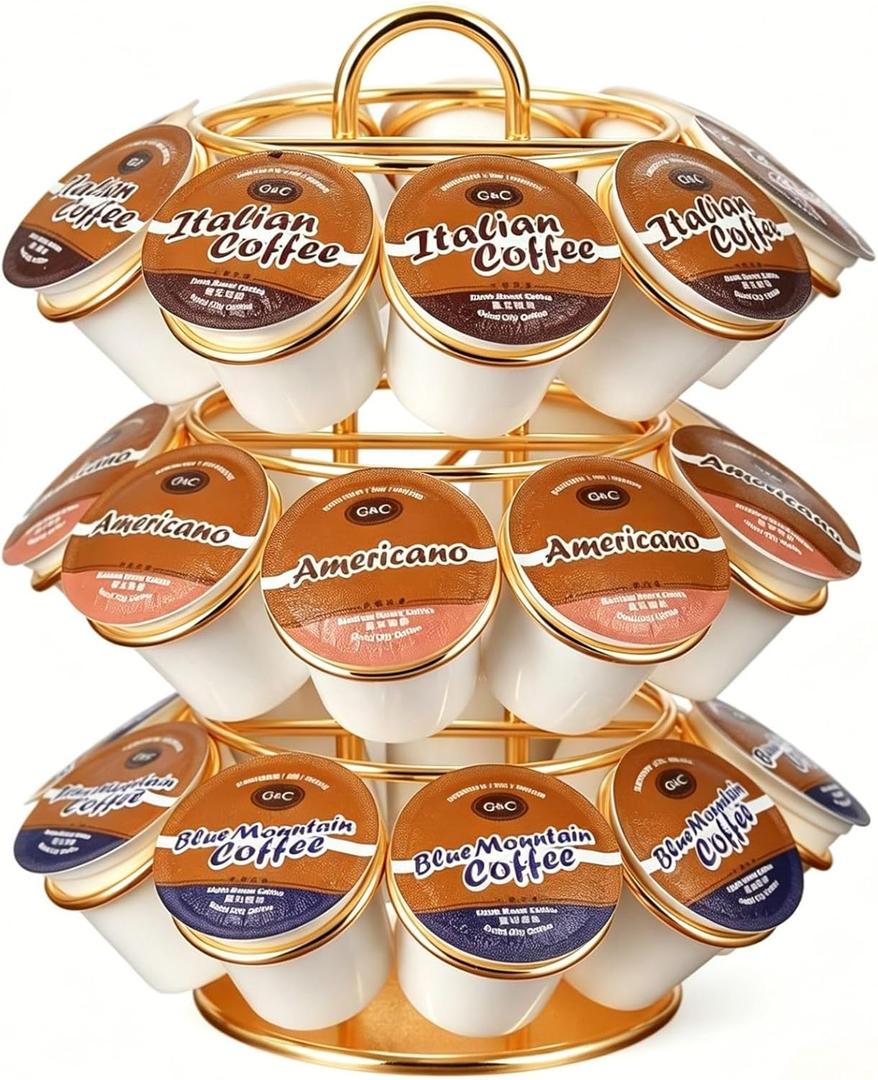 K Cup Holder, Carousel Coffee Pod Holder Compatible with 27 K Cup, Spins 360-Degrees, 3 Tier K Cup Organizer for Kitchen Counter Home or Office Storage, Anti-Slip Base, No Assembly, Gold