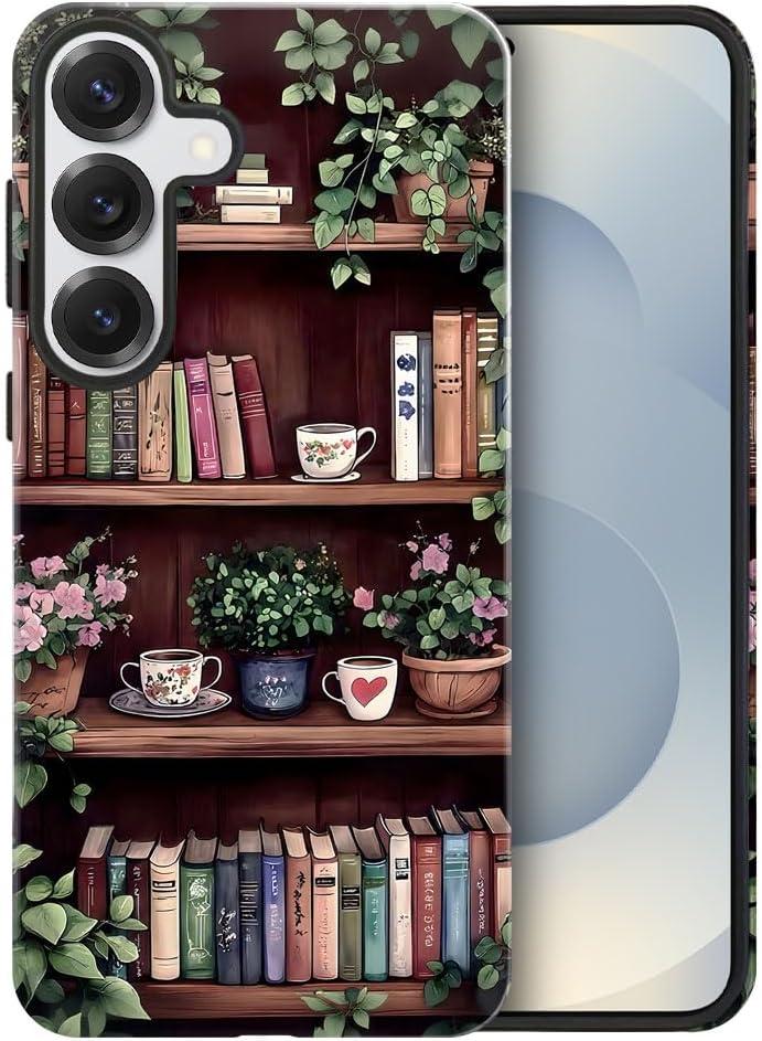 Case for Samsung Galaxy S25,Vintage Bookshelf Floral Case Glossy Slim Silicone Shockproof Cover for Girls Women
