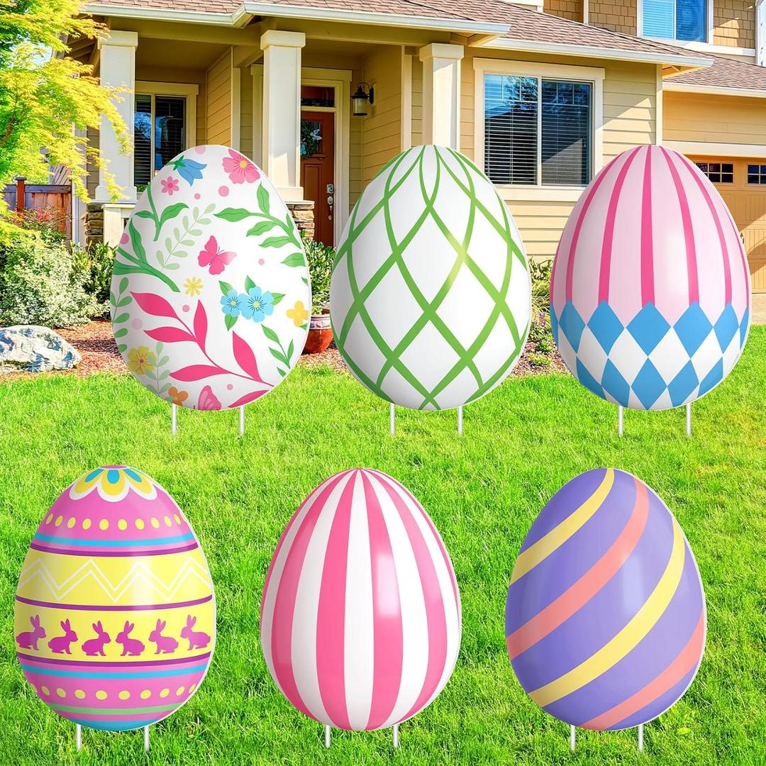 GlikCeil 6 Pcs Large Easter Eggs Yard Signs Easter Outdoor Lawn Decorations Waterproof Eggs Lawn Signs with Stakes for Spring Outdoor Garden Lawn Decoration, 22 x 17 inches (Stripe, Stylish Color)