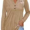 Women Button Down Henley Shirts V Neck Long Sleeve Fashion Dressy Casual Tops Trendy Blouses Loose Fit Tunic (Beige, XL)