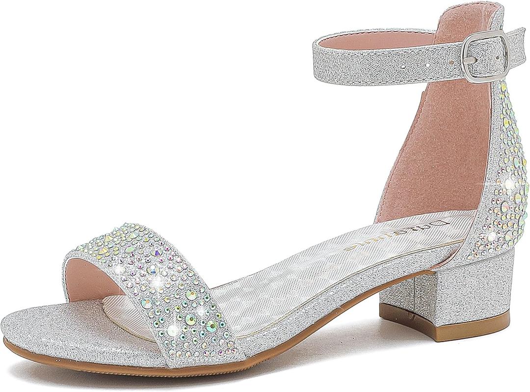 Dufannie Silver Sandals for Girls Rhinestone Dress Pump Sandals with Ankle Strap Low Heel Platform Flower Girl Shoes for Party Wedding Girl Dress Shoes (3603Rhinestone Silver 4)