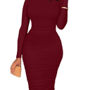 Women's Ruched Long Sleeve Elegant Bodycon Basic Casual Midi Dress M