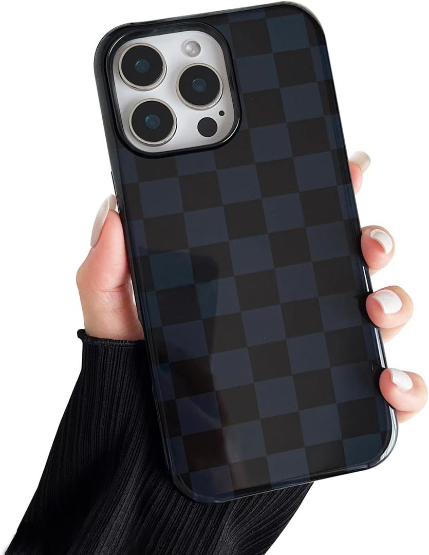 Compatible with iPhone 16 Pro Max Case, Cute Aesthetic Fashion Colorful Checkered Cover for Women, Shockproof Slim Soft TPU and Hard PC Protective Phone Case for iPhone 16 Pro Max 6.9"- Black