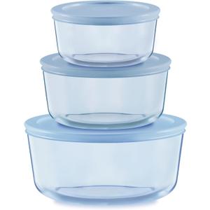 Pyrex Colors Tinted (6-PC Medium) Small/Medium Round Food Storage Container Set, Snug Fit Non-Toxic Plastic BPA-Free Lids, Freezer Dishwasher Microwave Safe, 2 Cup, 4 Cup & 7 Cup (Blue)