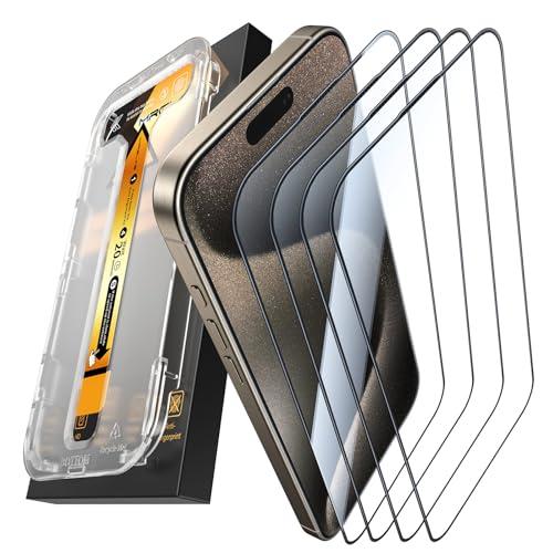 MRGLAS 4-Pack Screen Protector for iPhone 15 Pro [9H+ Military-grade Aerospace Glass][Auto-Alignment Kit][HD Clear] Shatterproof Tempered Glass Film for 15 Pro 6.1" Case-Friendly, Zero-bubble