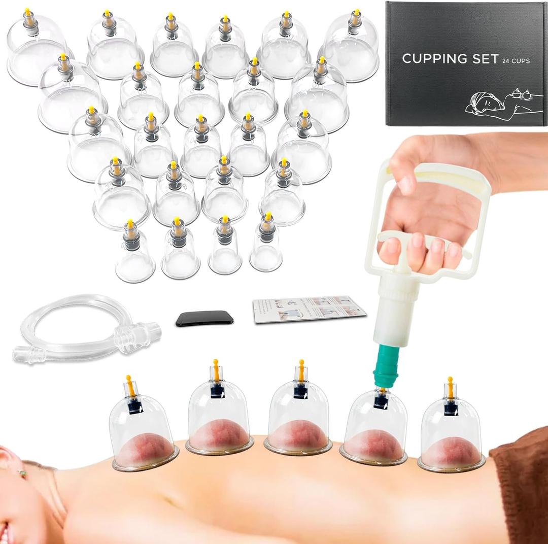 Cupping Therapy Set, 24 Massage Cups Cupping Set with Pump Vacuum Suction Cups for Body Cellulite Massage Back Pain Relief, Chinese Acupoint Physical Hijama (White Hand Pump)