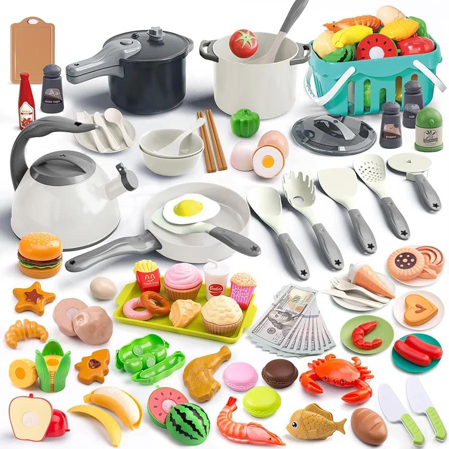 130Pcs Kitchen Playset, Toddler Pretend Cooking Play Pots, Pans, Utensils Cookware, Daily Food Fruit Veges, Shopping Storage Basket, Dessert, Prop Money, Learning Gift for Child